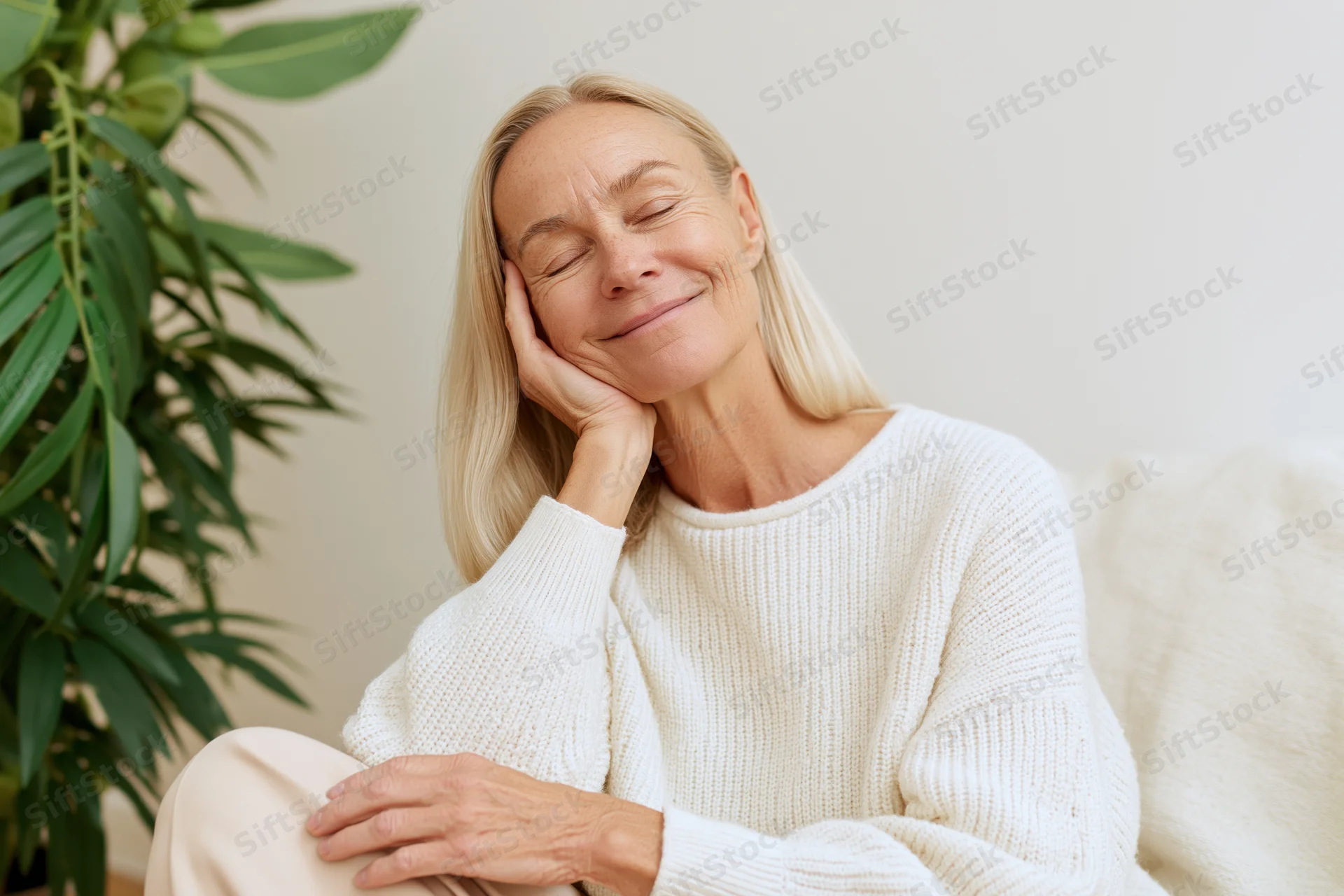 Senior blonde woman smiling with eyes closed while resting her head on her hand on a couch