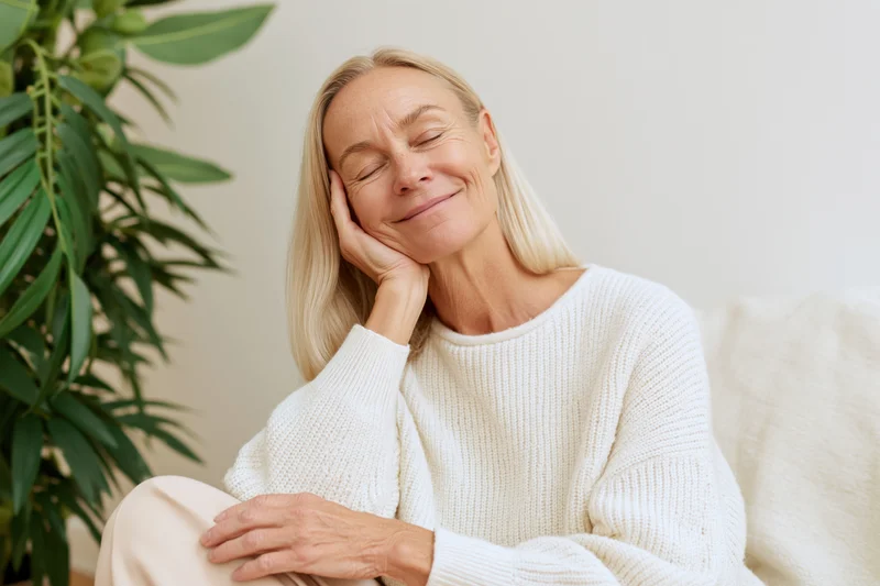 Senior blonde woman smiling with eyes closed while resting her head on her hand on a couch