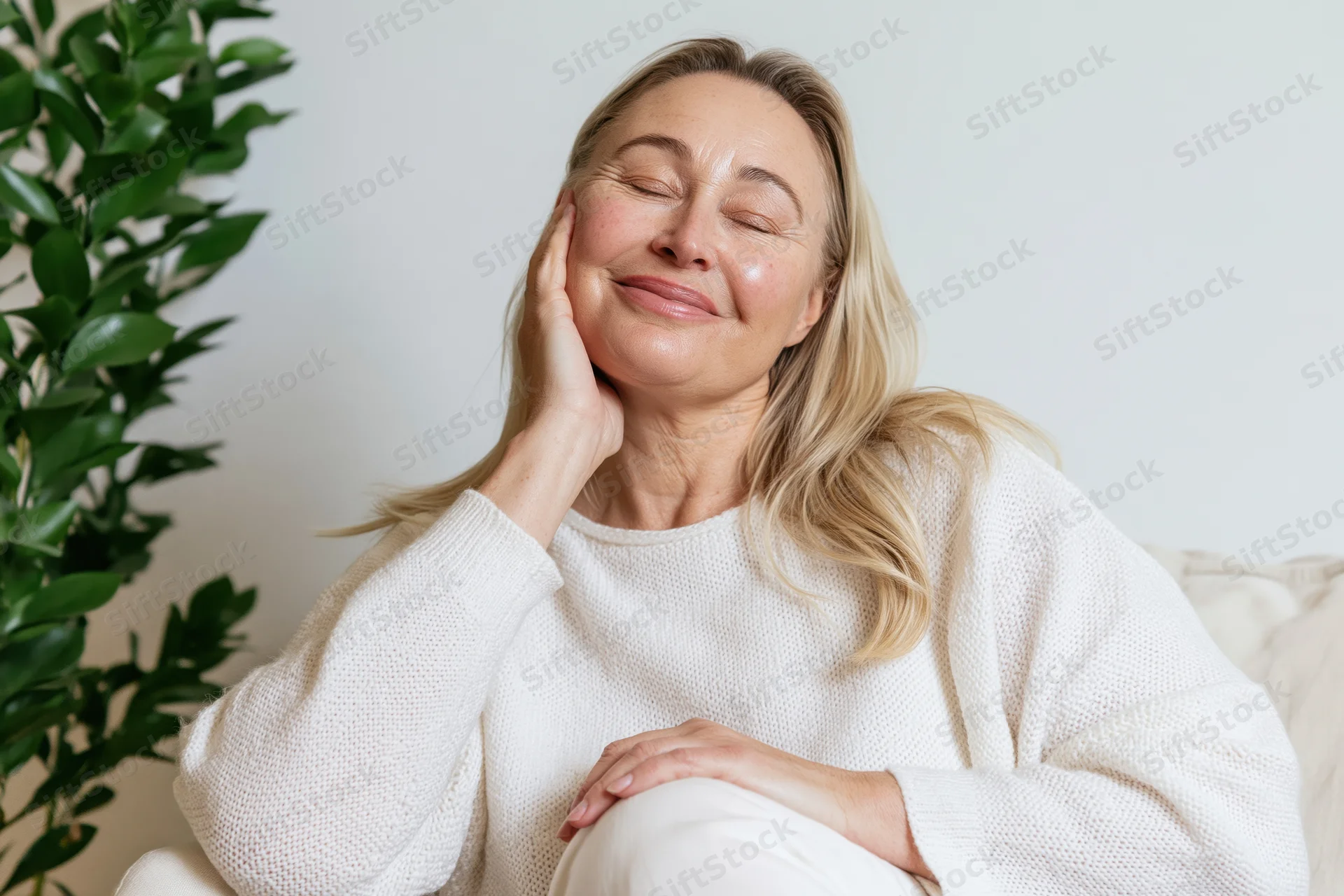 Senior blonde woman smiling with eyes closed and head tilted while sitting on a couch indoors