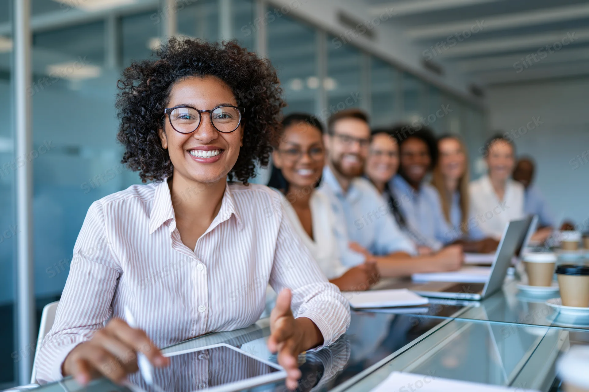 Woman smiling at camera during business meeting with colleagues around glass conference table