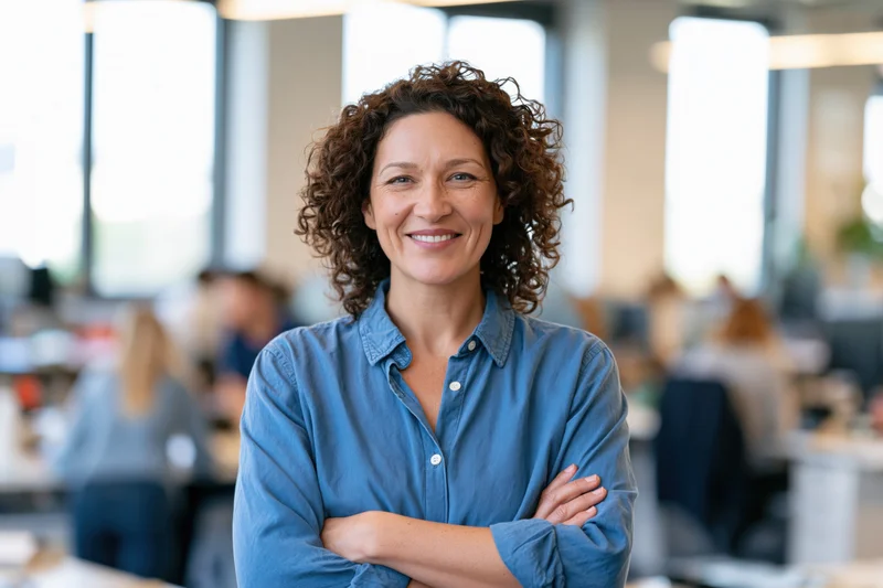 Woman with curly hair smiling with arms crossed in modern office setting
