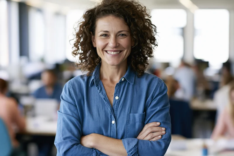 Woman with curly hair smiling with arms crossed in office environment