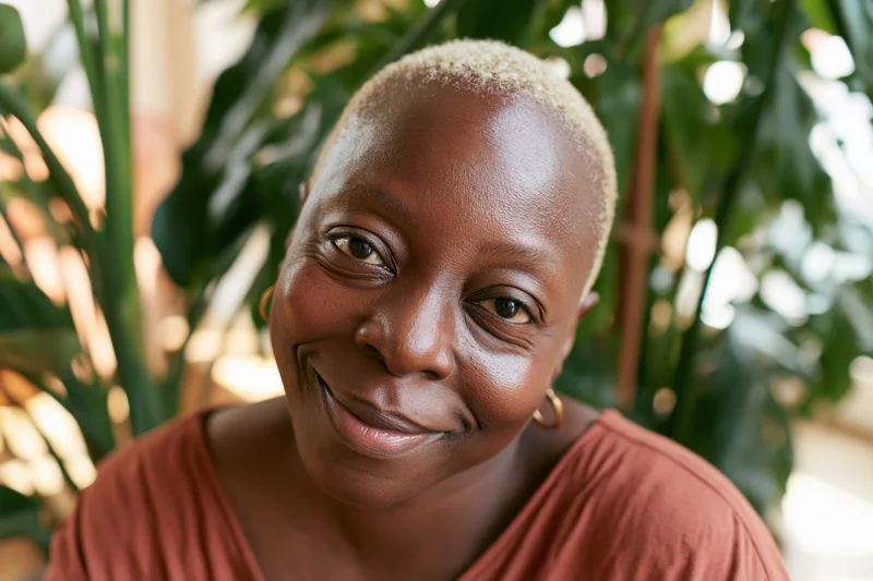 Close-up portrait of a smiling black woman with short blond hair in front of green foliage