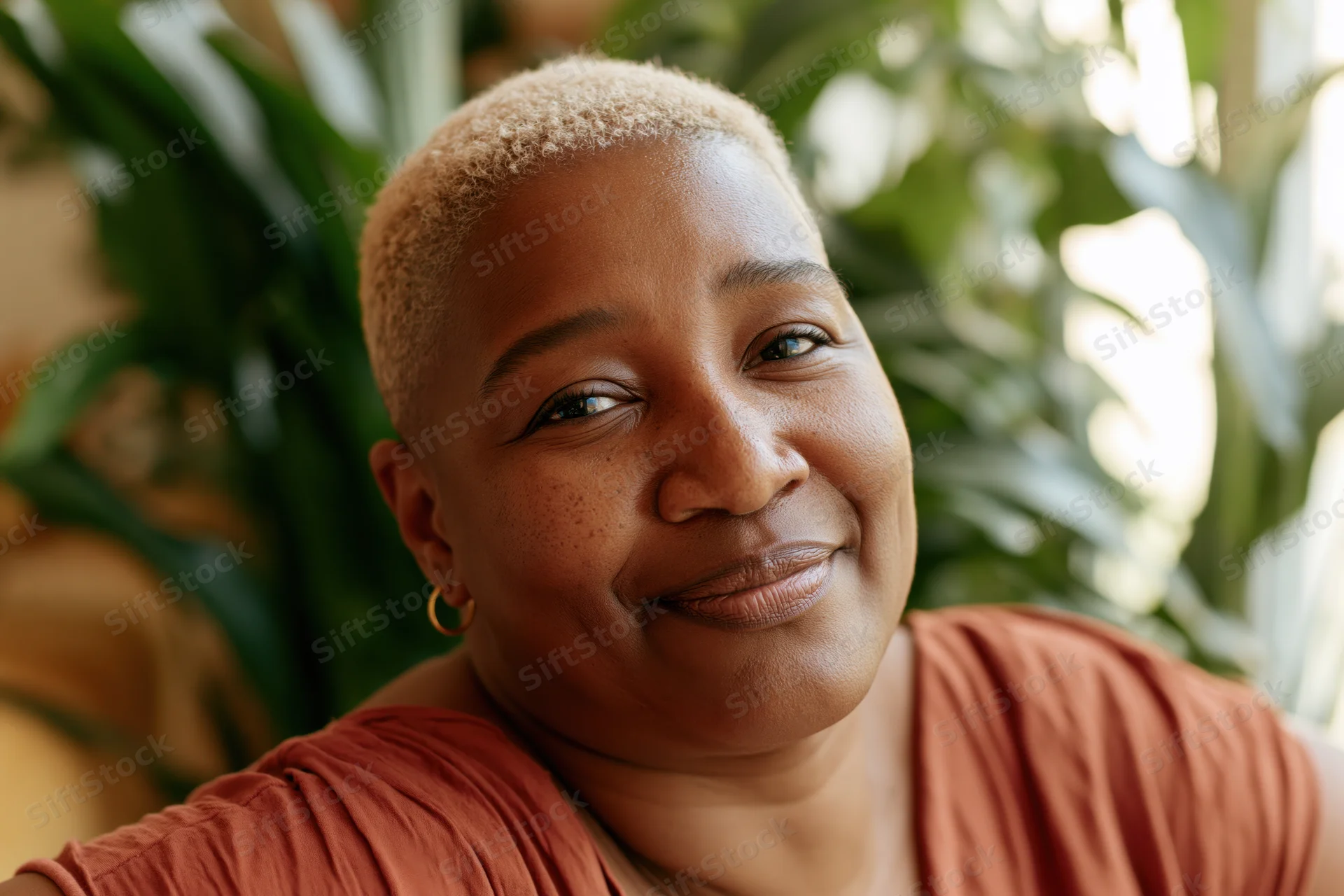 Close-up portrait of a smiling black woman with short blond hair indoors near green plants