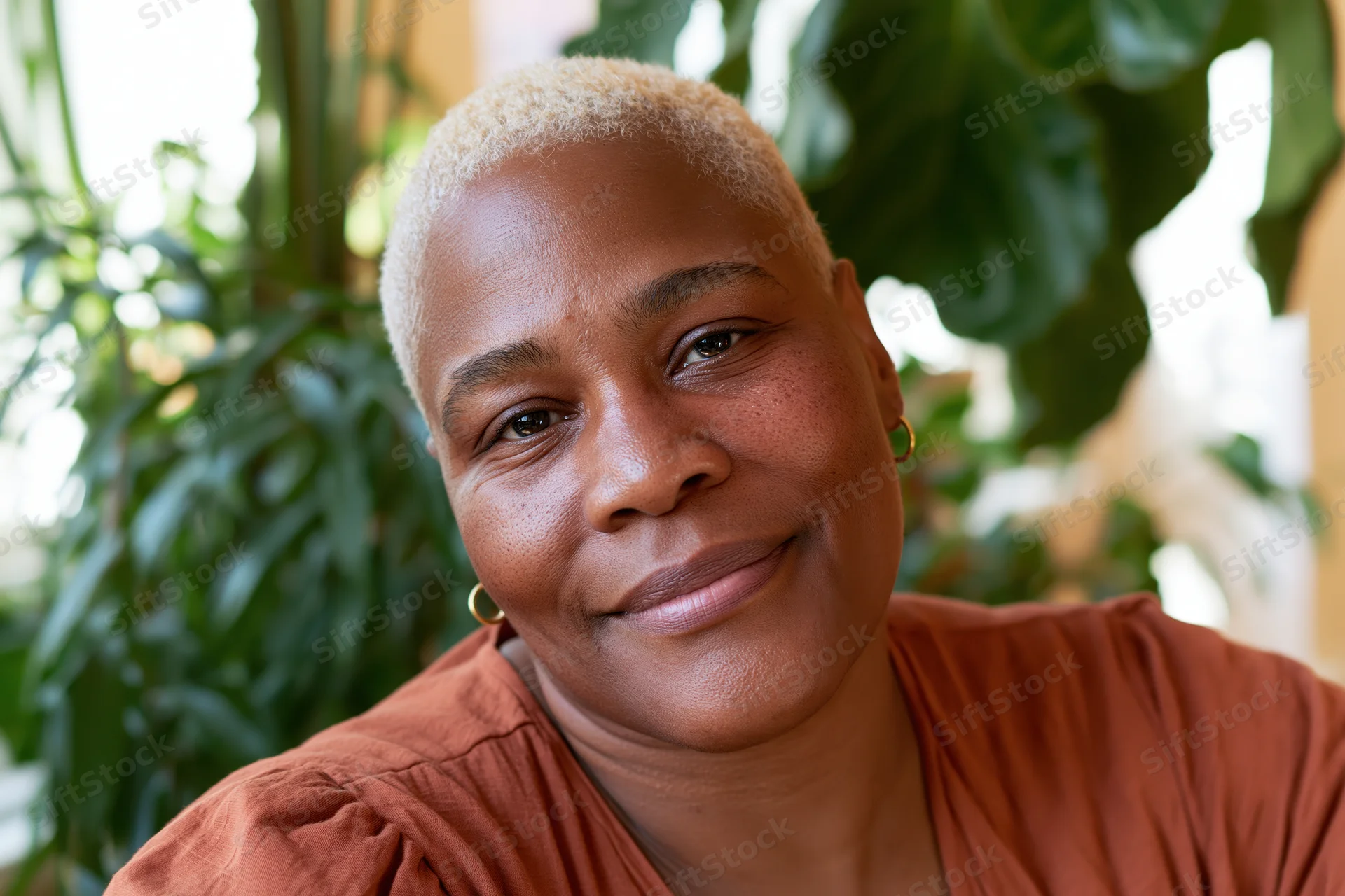 Close-up portrait of a smiling black woman with short blond hair indoors near green plants