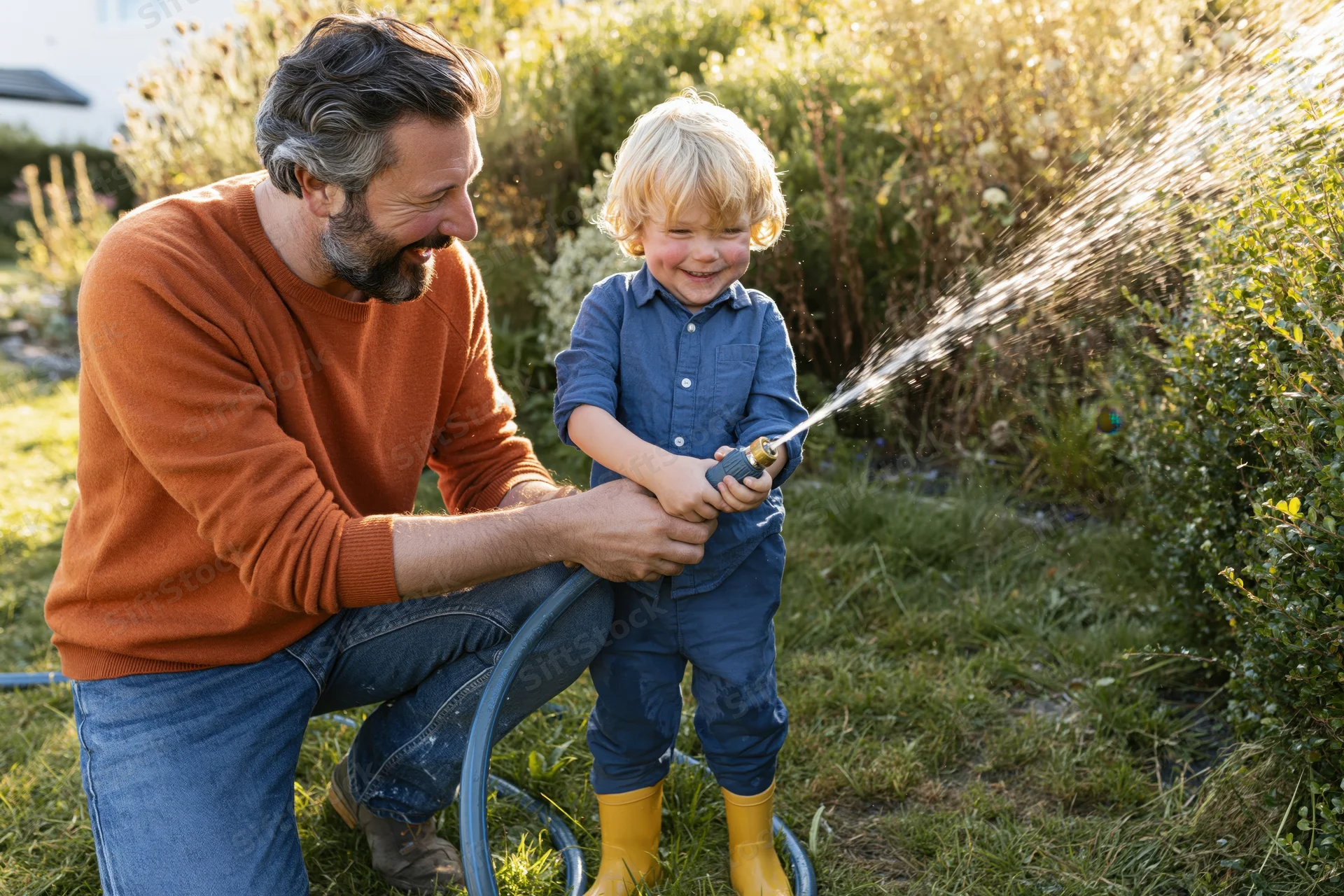 Father kneeling in backyard guiding young son who sprays water from garden hose