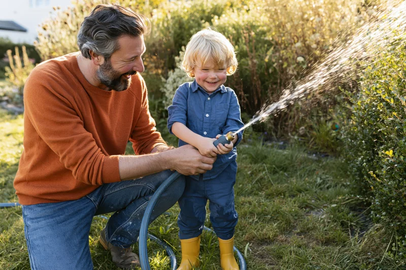 Father kneeling in backyard guiding young son who sprays water from garden hose