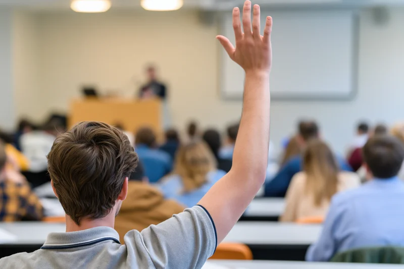 Student raising hand in lecture hall classroom