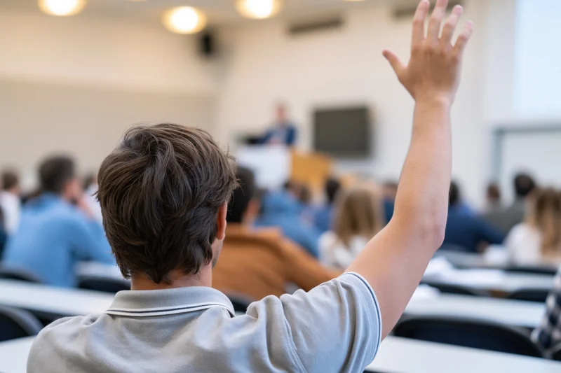 Student raising hand in lecture hall classroom
