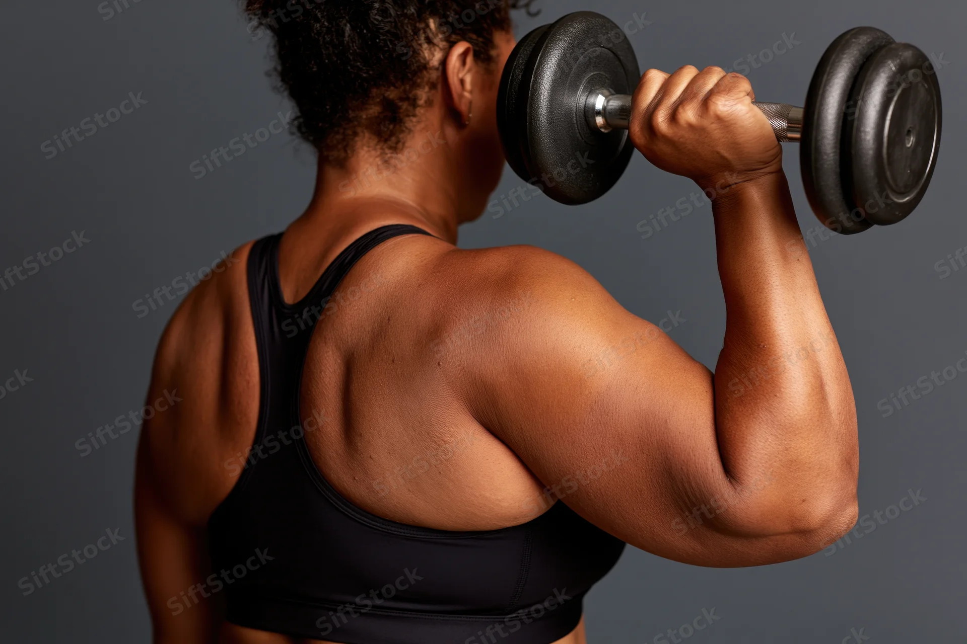 Woman lifting dumbbell from behind showing back and arm muscles in sports bra