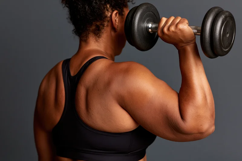 Woman lifting dumbbell from behind showing back and arm muscles in sports bra