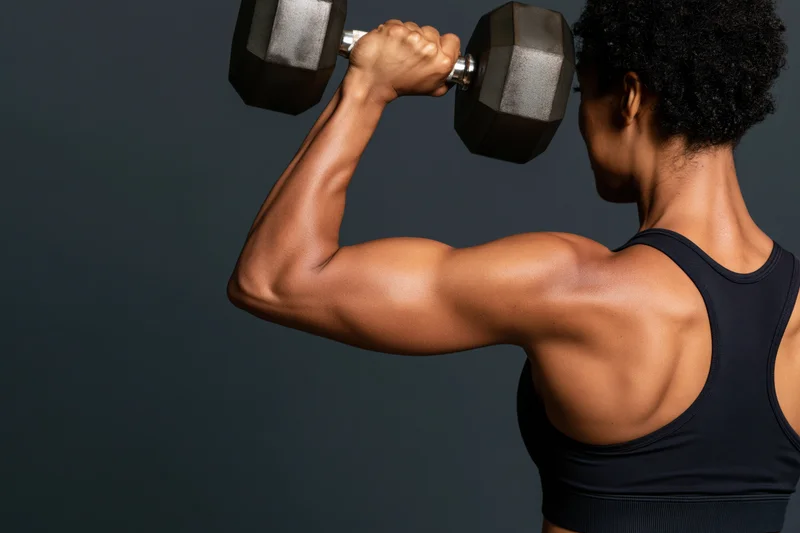 Woman lifting dumbbell from behind showing back and arm muscles in sports bra