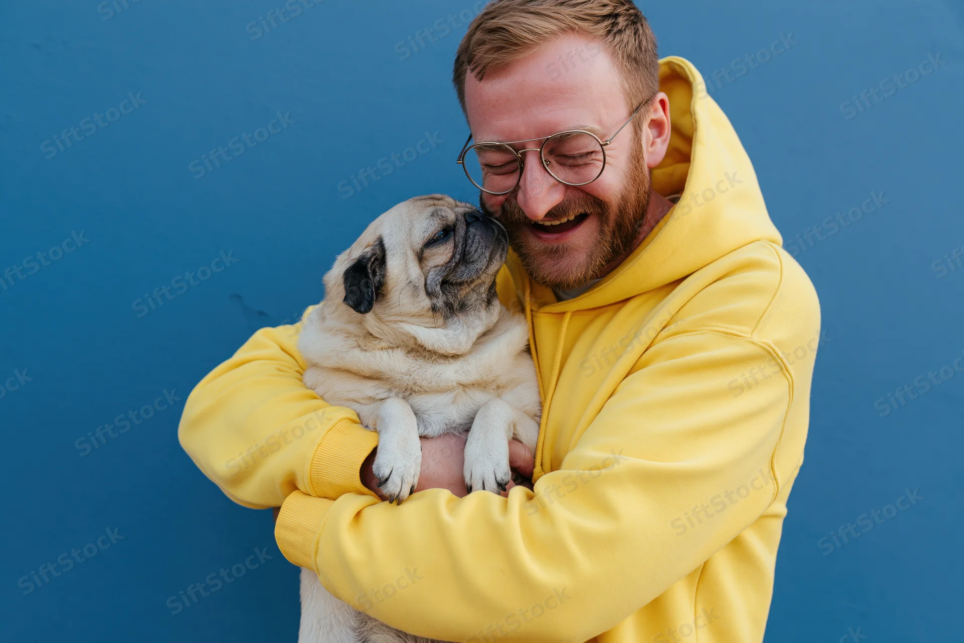 Man in yellow hoodie hugging pug against blue wall