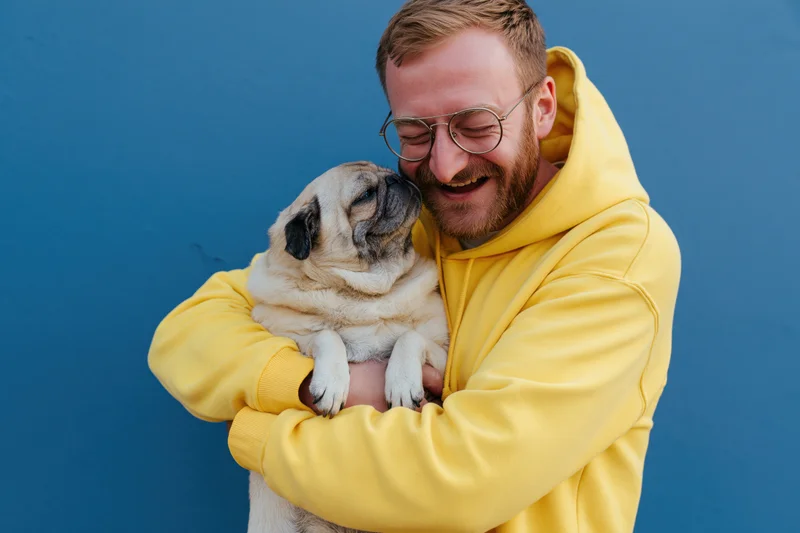 Man in yellow hoodie hugging pug against blue wall