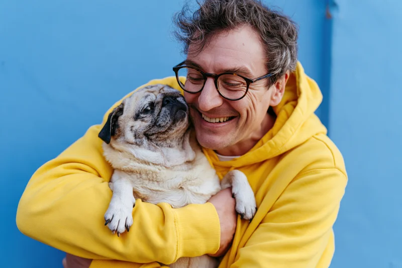 Man in yellow hoodie hugging pug against blue wall