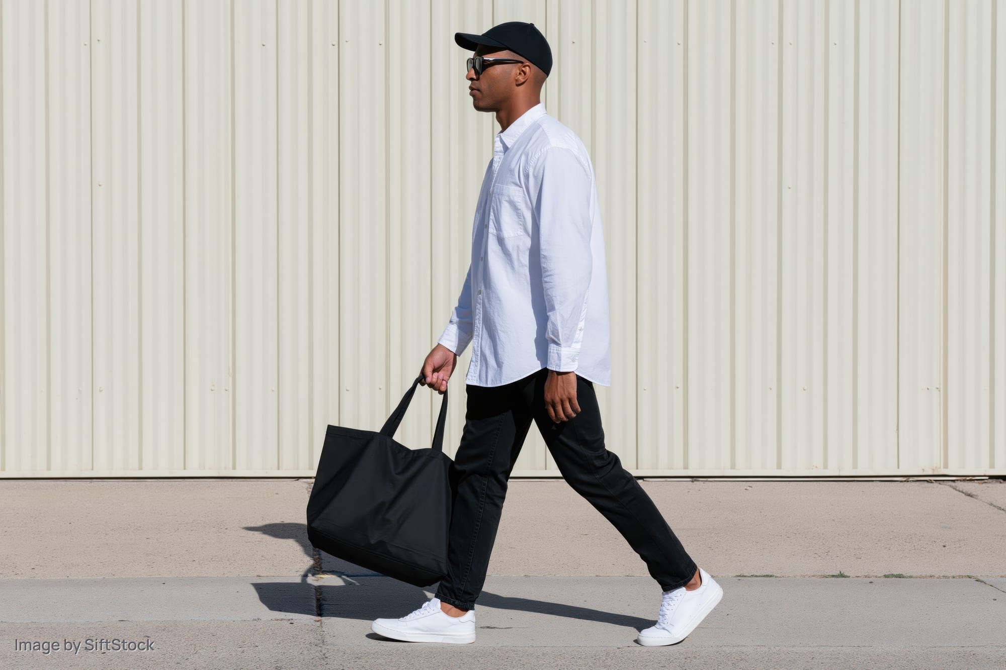 Man walking in profile on sidewalk carrying black tote bag against corrugated wall