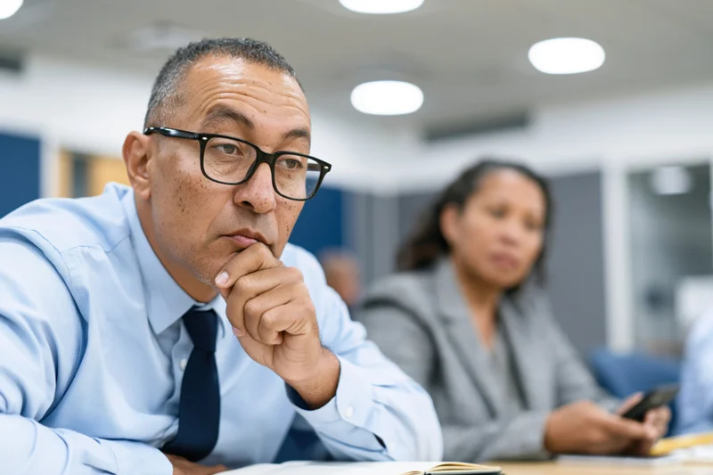 Man with glasses in a light blue shirt and navy tie sits at a conference table in an office meeting, hand on chin, focused expression, woman in blazer using smartphone in background