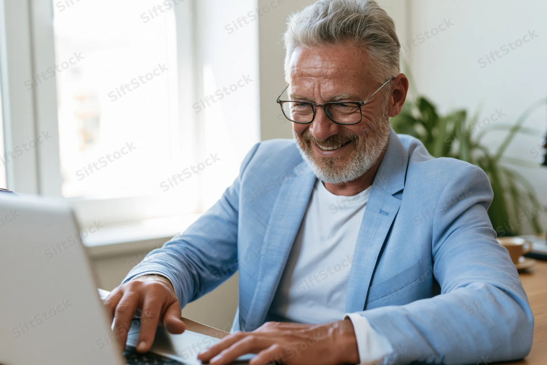 Senior man smiling while typing on laptop at office desk near window