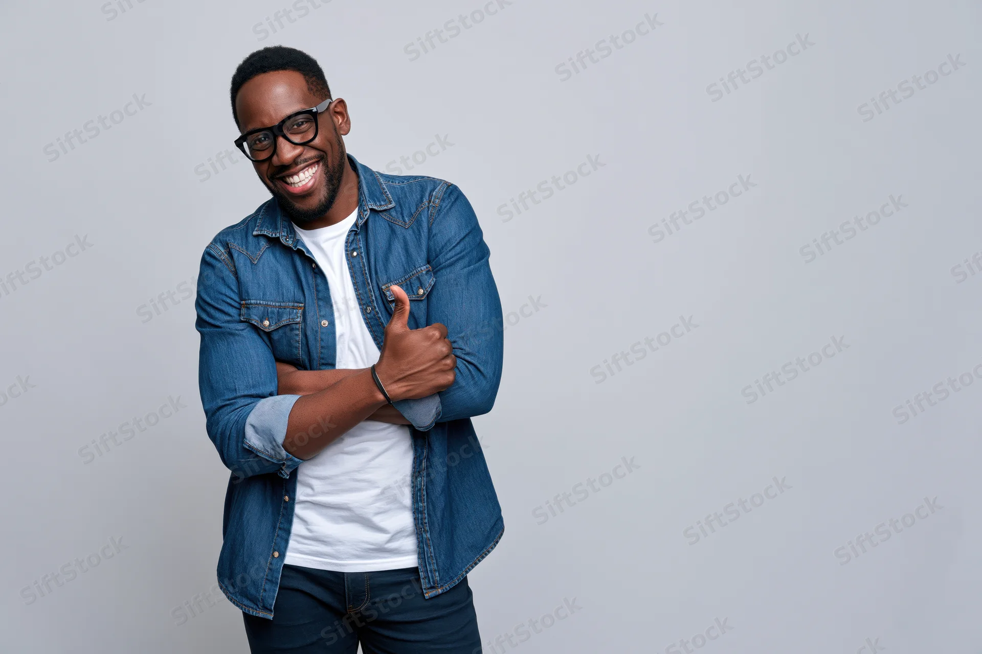 Smiling man giving thumbs up with arms crossed in denim jacket over white tshirt against plain background