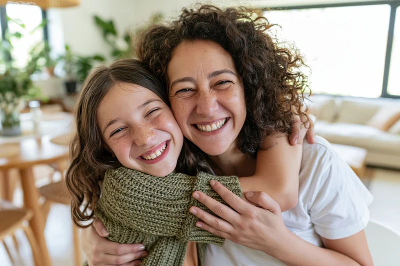 Mother and daughter hugging warmly in a sunlit living room