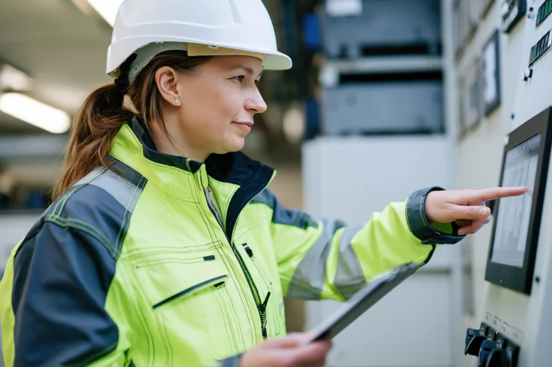 Woman in highvisibility jacket and white helmet pointing at touchscreen monitor in factory control room