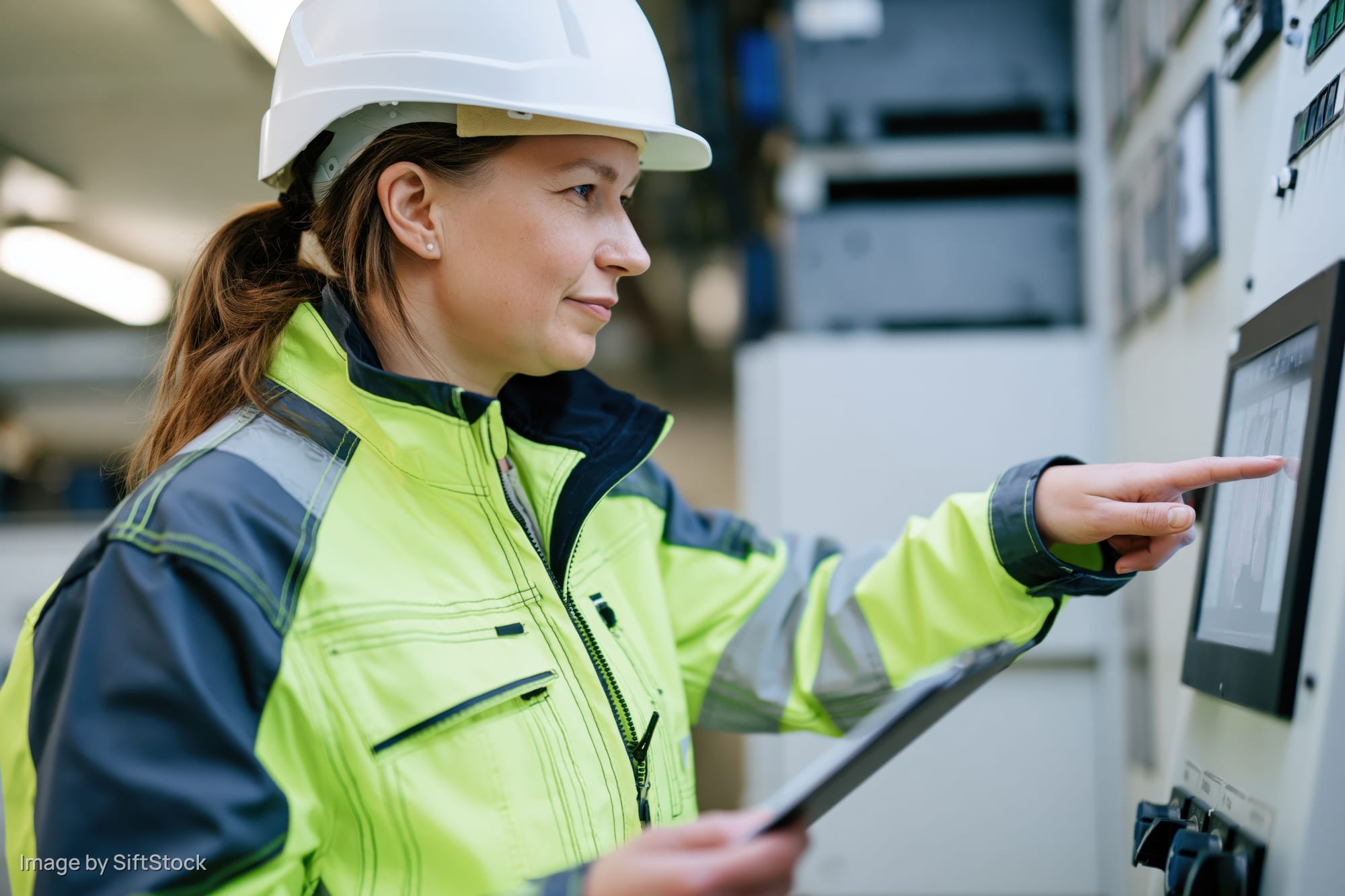 Woman in highvisibility jacket and white helmet pointing at touchscreen monitor in factory control room