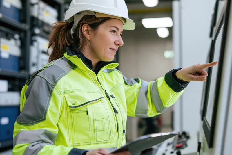 Woman in high-visibility jacket and safety helmet pointing at monitor while holding clipboard in industrial control room