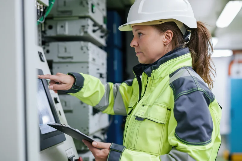 Woman in highvisibility jacket and white helmet interacting with touchscreen control panel in factory setting