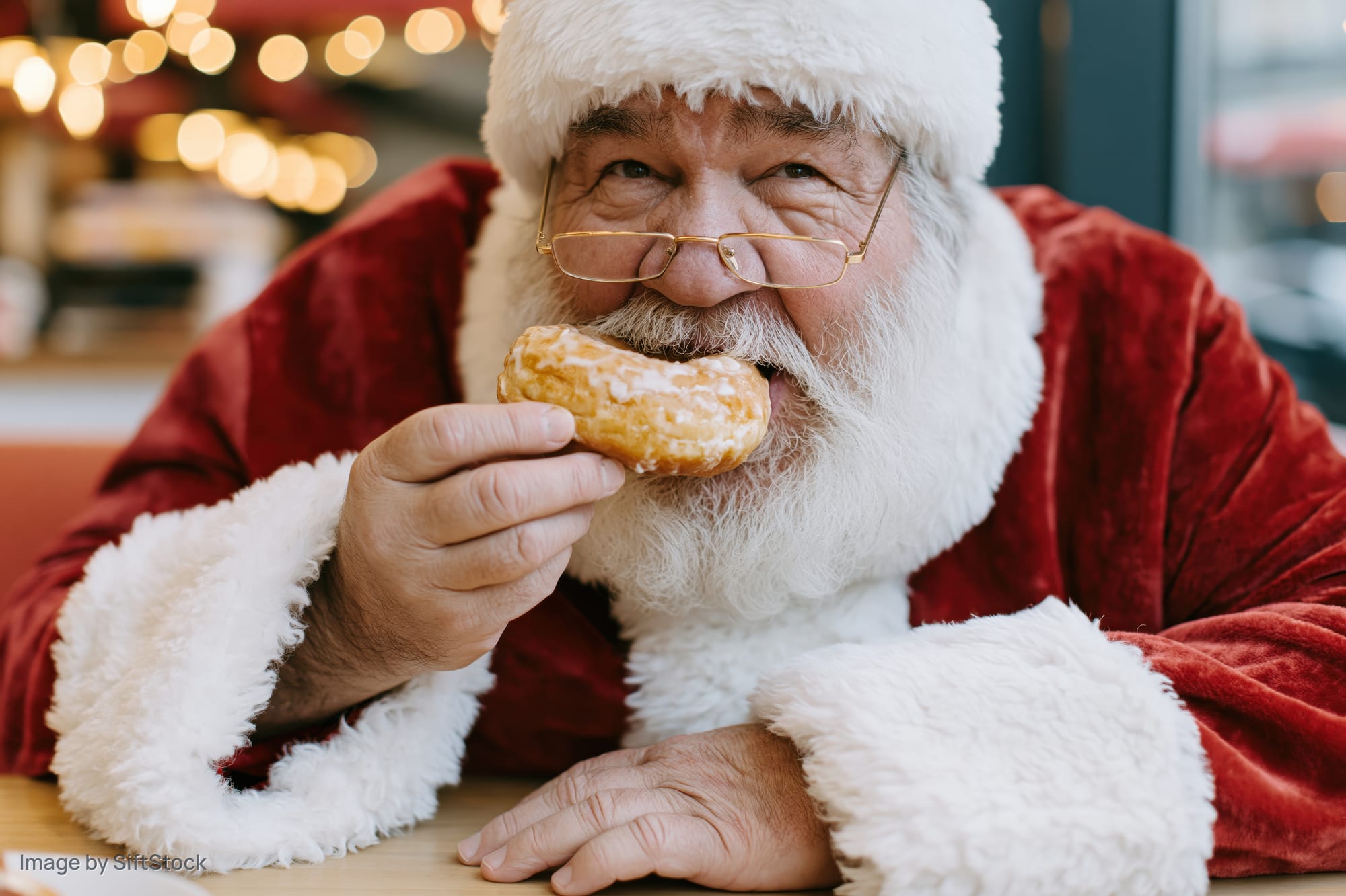 Santa eating a donut at a cafe table