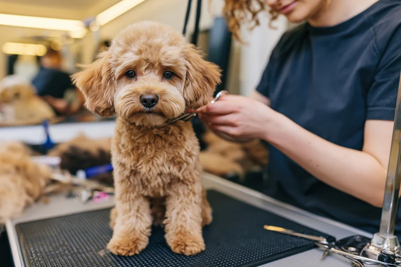 Small brown fluffy dog sitting upright on grooming table while groomer trims its fur