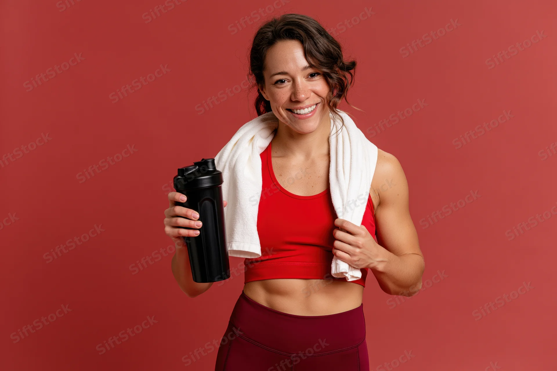 Smiling athletic woman holding a shaker with towel around neck against red background