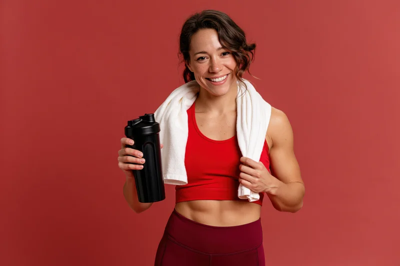 Smiling athletic woman holding a shaker with towel around neck against red background