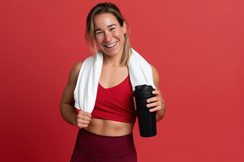 Smiling athletic woman in red sports top and maroon leggings holding water bottle with towel around neck