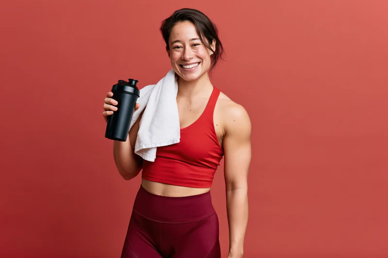 Smiling athletic woman in red sports top and maroon leggings holding shaker with towel over shoulder against red background