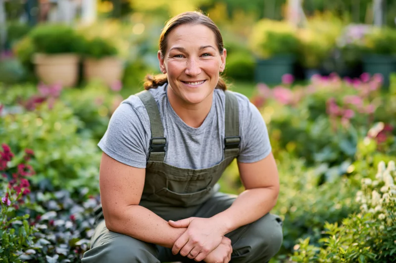 Smiling woman gardener crouching in a sunlit garden surrounded by flowering plants and greenery