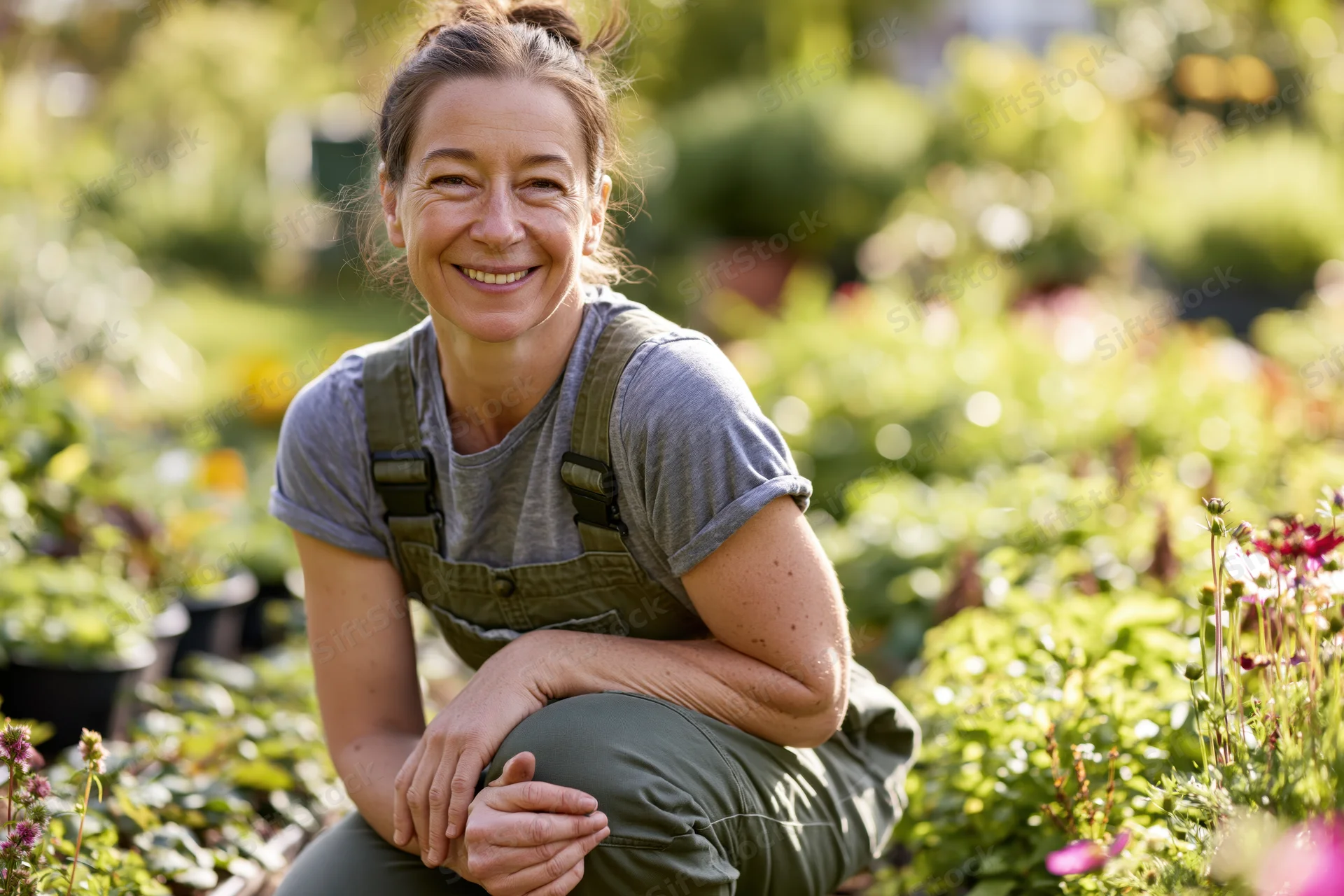Smiling woman gardener crouching in a sunlit garden surrounded by plants