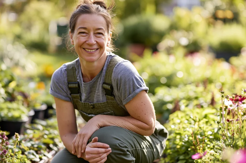 Smiling woman gardener crouching in a sunlit garden surrounded by plants