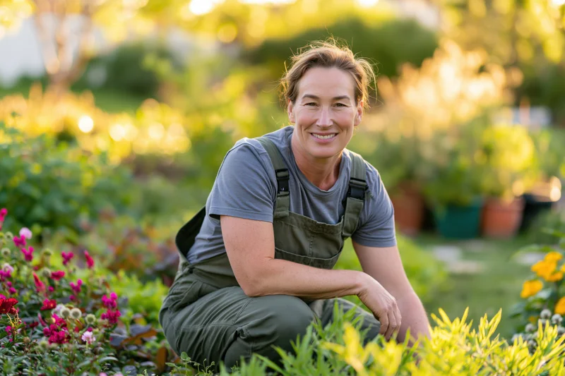 Smiling woman gardener crouching among flowers in a sunlit garden