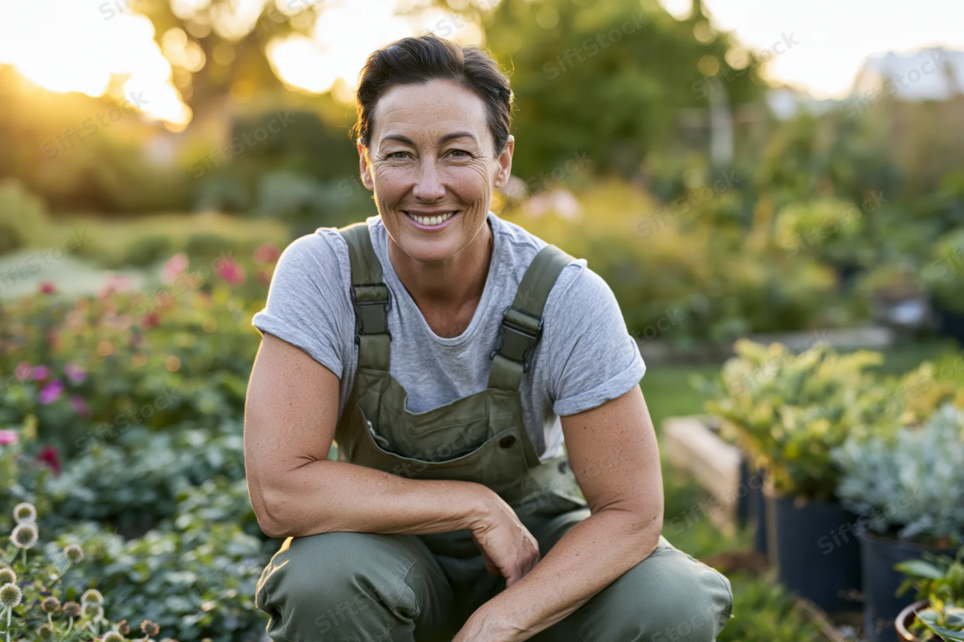 Smiling woman gardener crouching in a sunlit garden surrounded by plants and flowers