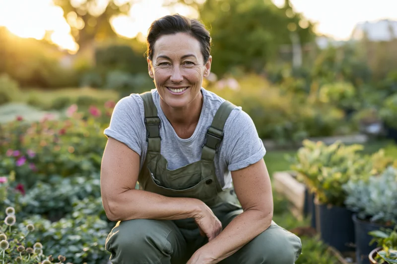 Smiling woman gardener crouching in a sunlit garden surrounded by plants and flowers