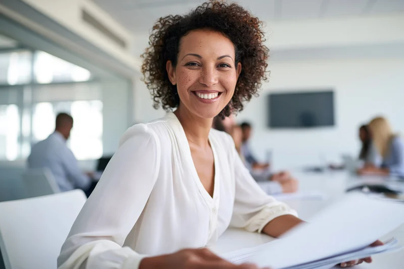 Smiling woman in white blouse holding papers at conference table in office meeting