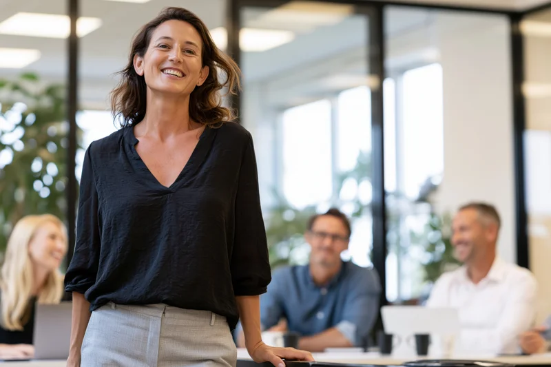 Woman smiling in office meeting with colleagues at desk