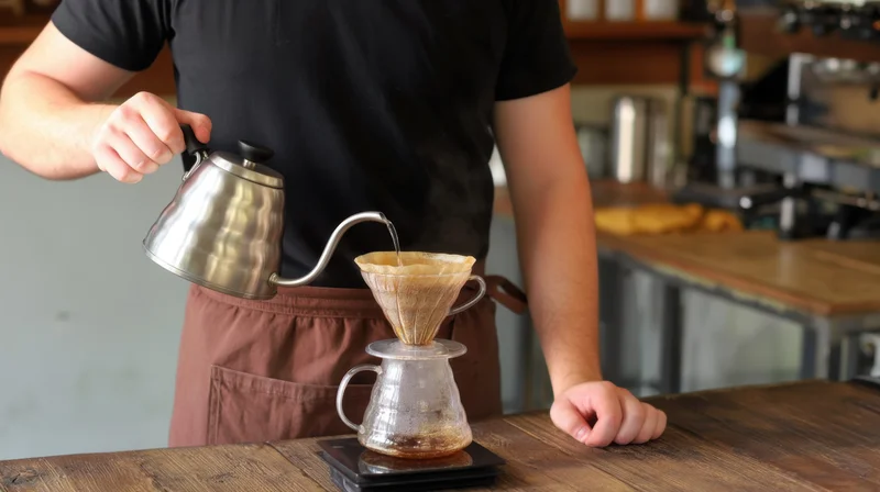 Barista pouring hot water from a gooseneck kettle into a paper filter over a glass carafe on a scale at a wooden counter in a cafe