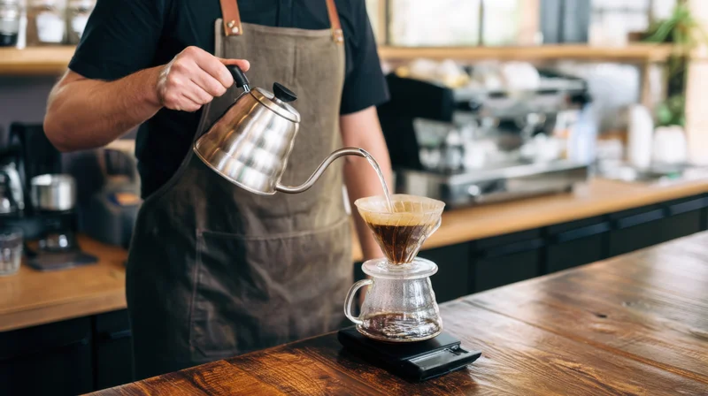 Barista pouring hot water from a gooseneck kettle into a coffee filter on a scale at a wooden counter in a cafe