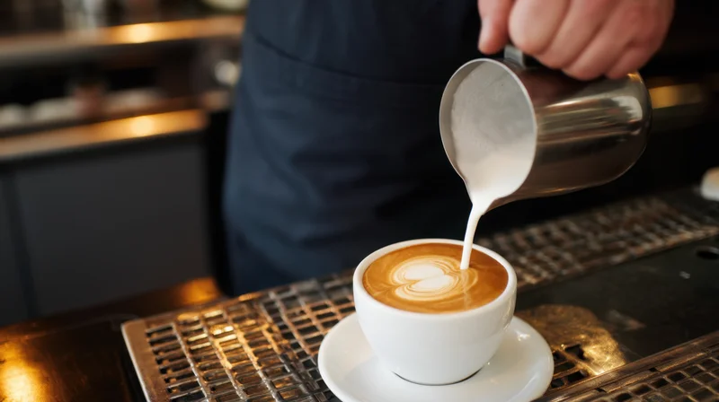 Barista pouring milk into a latte to create foam art on a cafe counter
