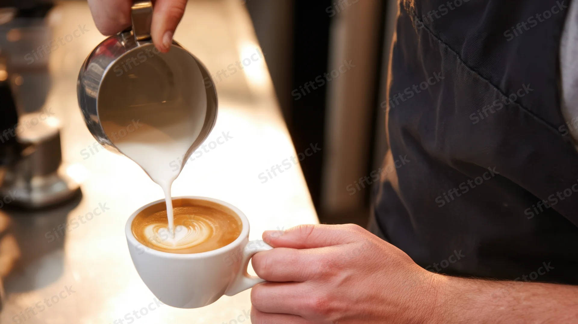 Barista pouring milk into a latte cup at a coffee shop counter