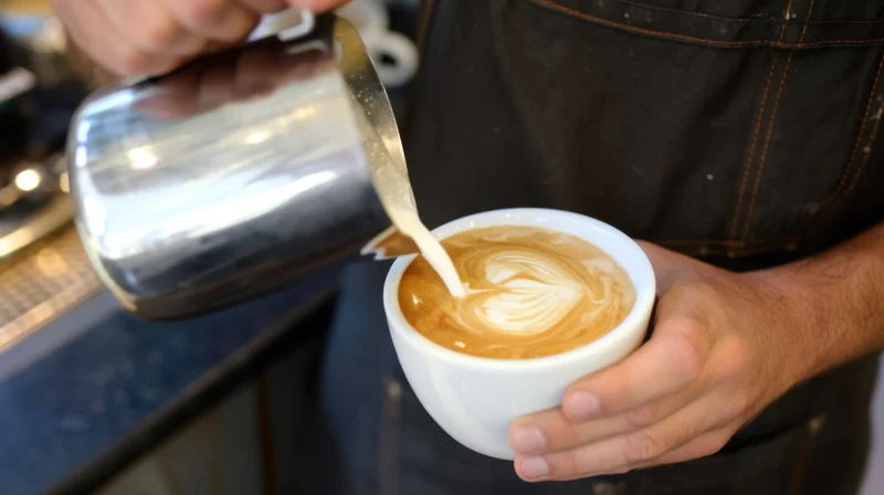 Barista pouring steamed milk into a latte cup to create foam art in a coffee shop