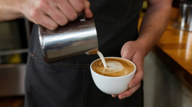 Barista pouring steamed milk into a latte cup to create foam art in a coffee shop