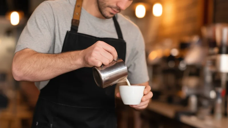 Barista pouring milk into a white cup in a cafe