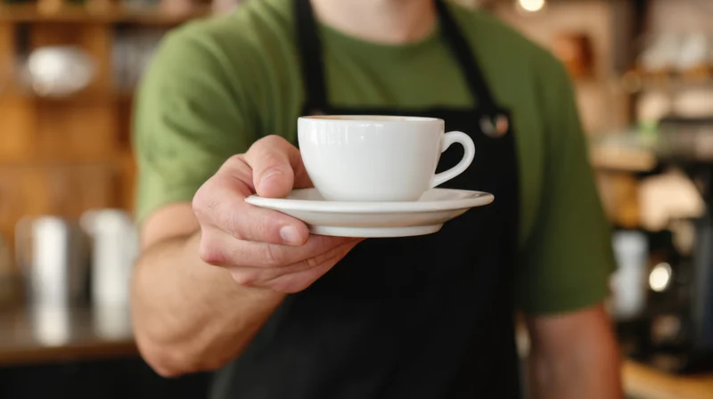 Barista holding white coffee cup and saucer in a cafe